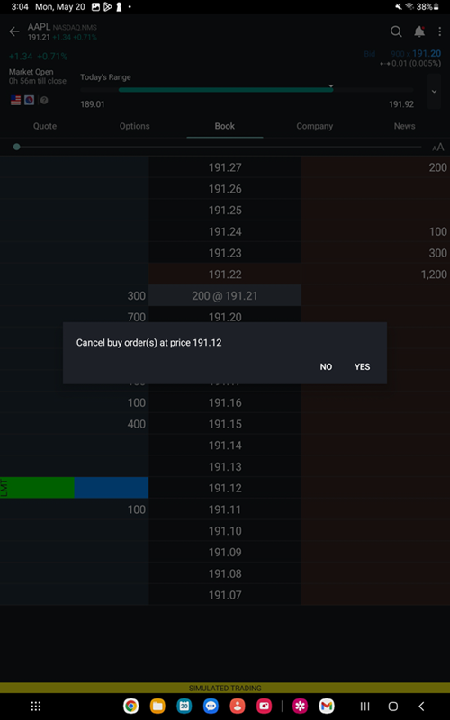 The BookTrader order types on the Android Tablet